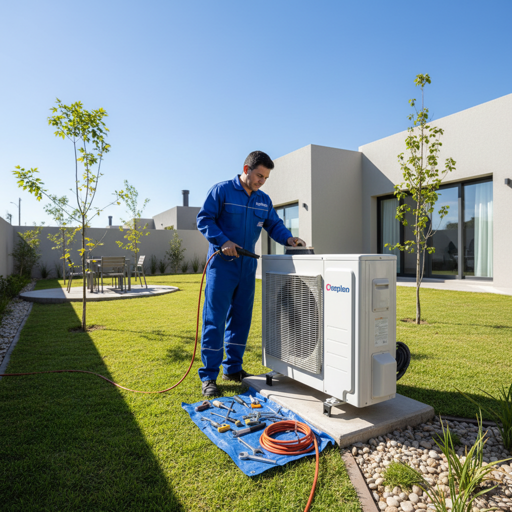 Técnico realizando el primer mantenimiento de una unidad externa de aire acondicionado en el jardín de una casa moderna de Alta Alberdi, Córdoba