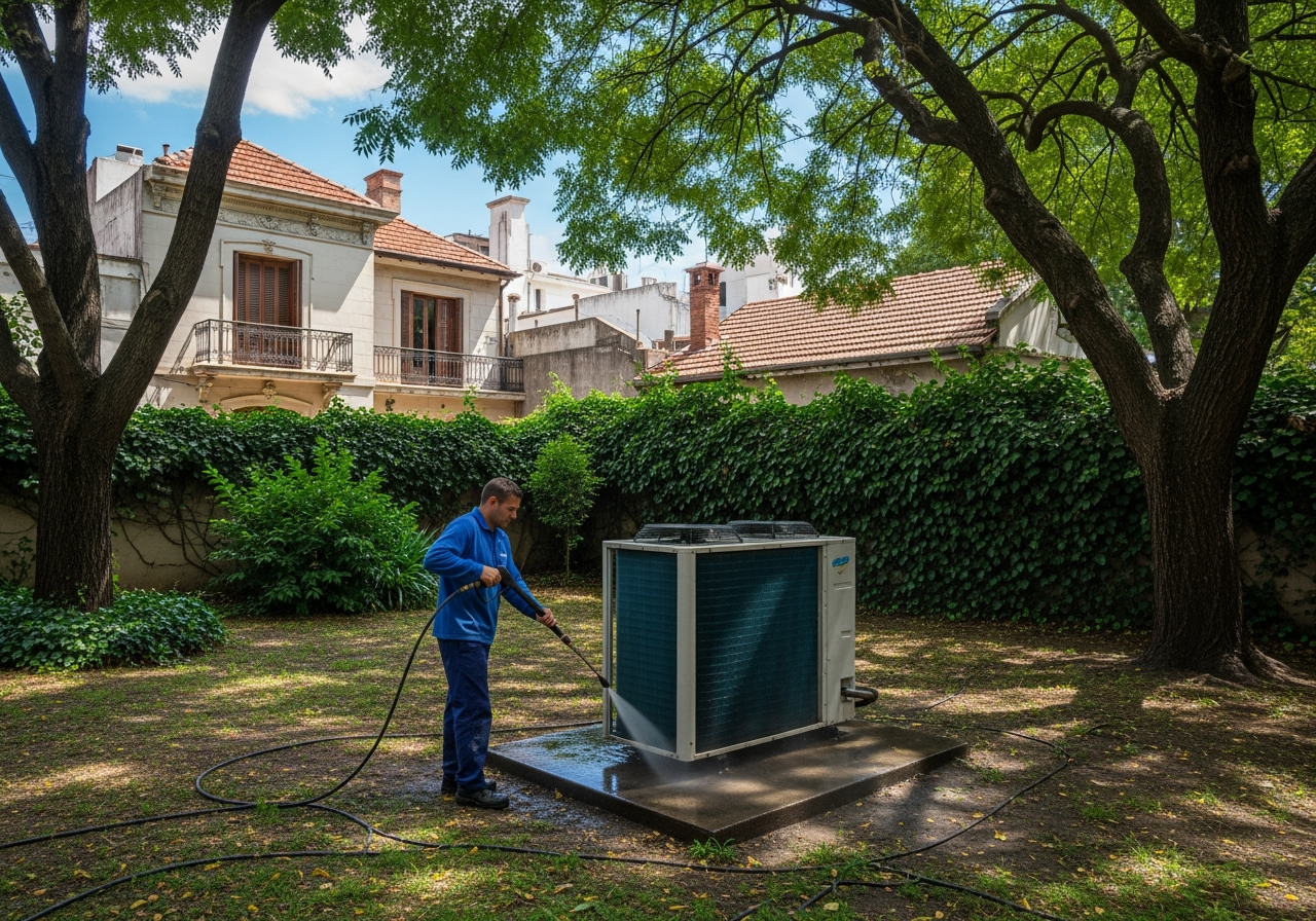 Técnico limpiando una unidad externa de aire acondicionado en un patio arbolado de Alta Córdoba, Córdoba, con vecindario histórico de fondo