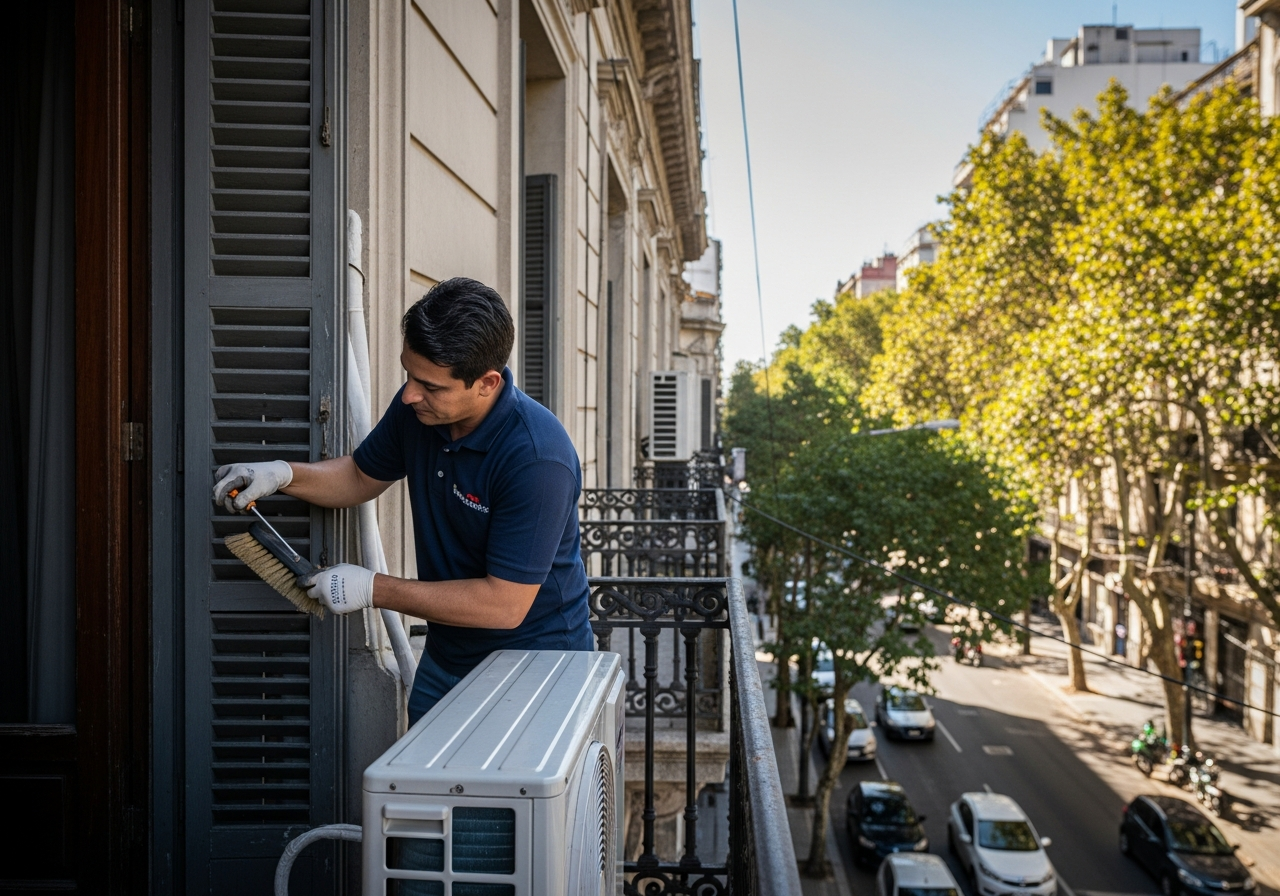Técnico realizando mantenimiento en una unidad externa de aire acondicionado sobre un balcón de edificio histórico en Barrio General Paz, Córdoba, con tránsito de fondo