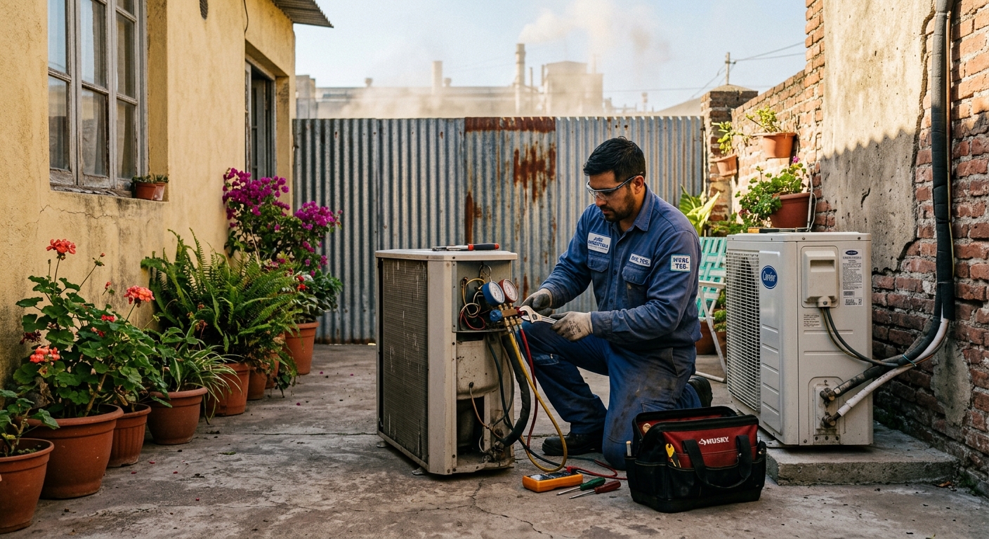 Técnico realizando mantenimiento de unidad exterior de aire acondicionado en patio de Barrio Yofre