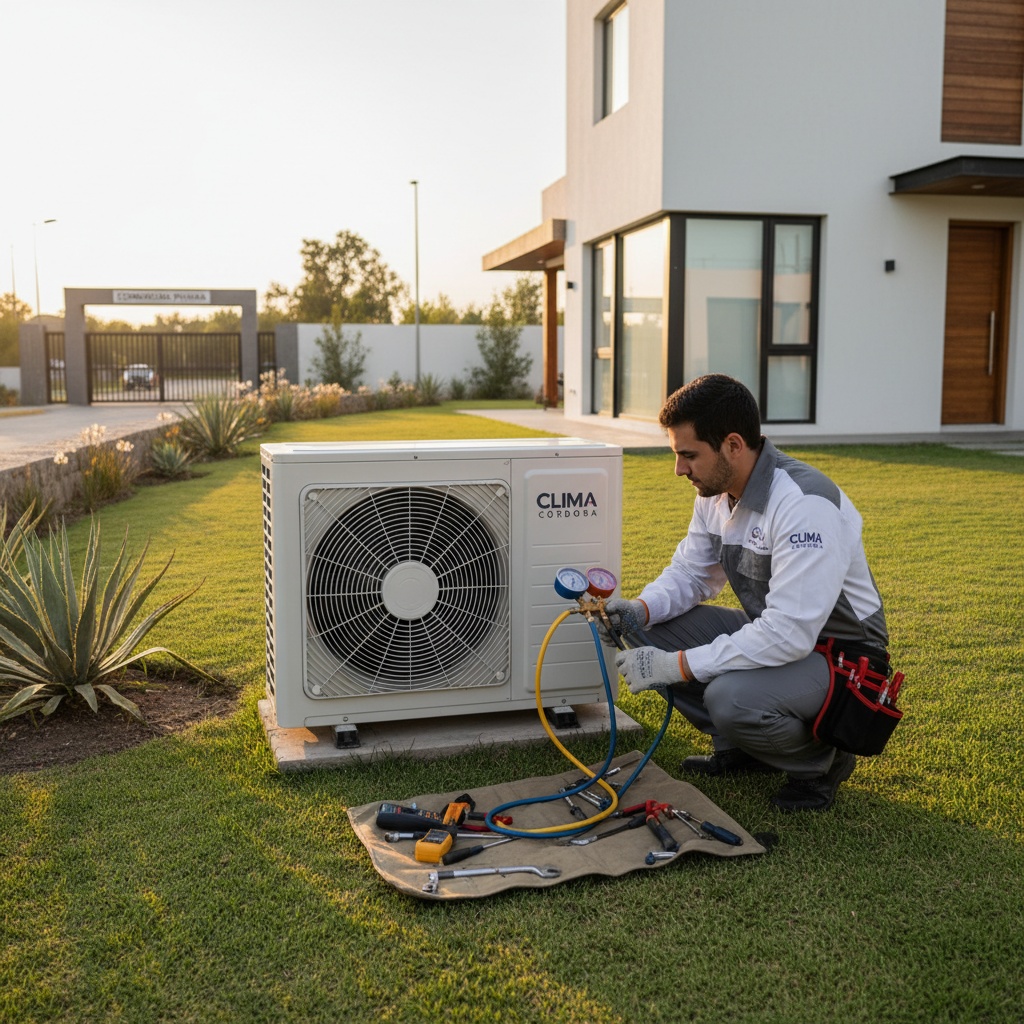 Técnico realizando mantenimiento de unidad externa de aire acondicionado en el jardín de una casa de COFICO, Córdoba
