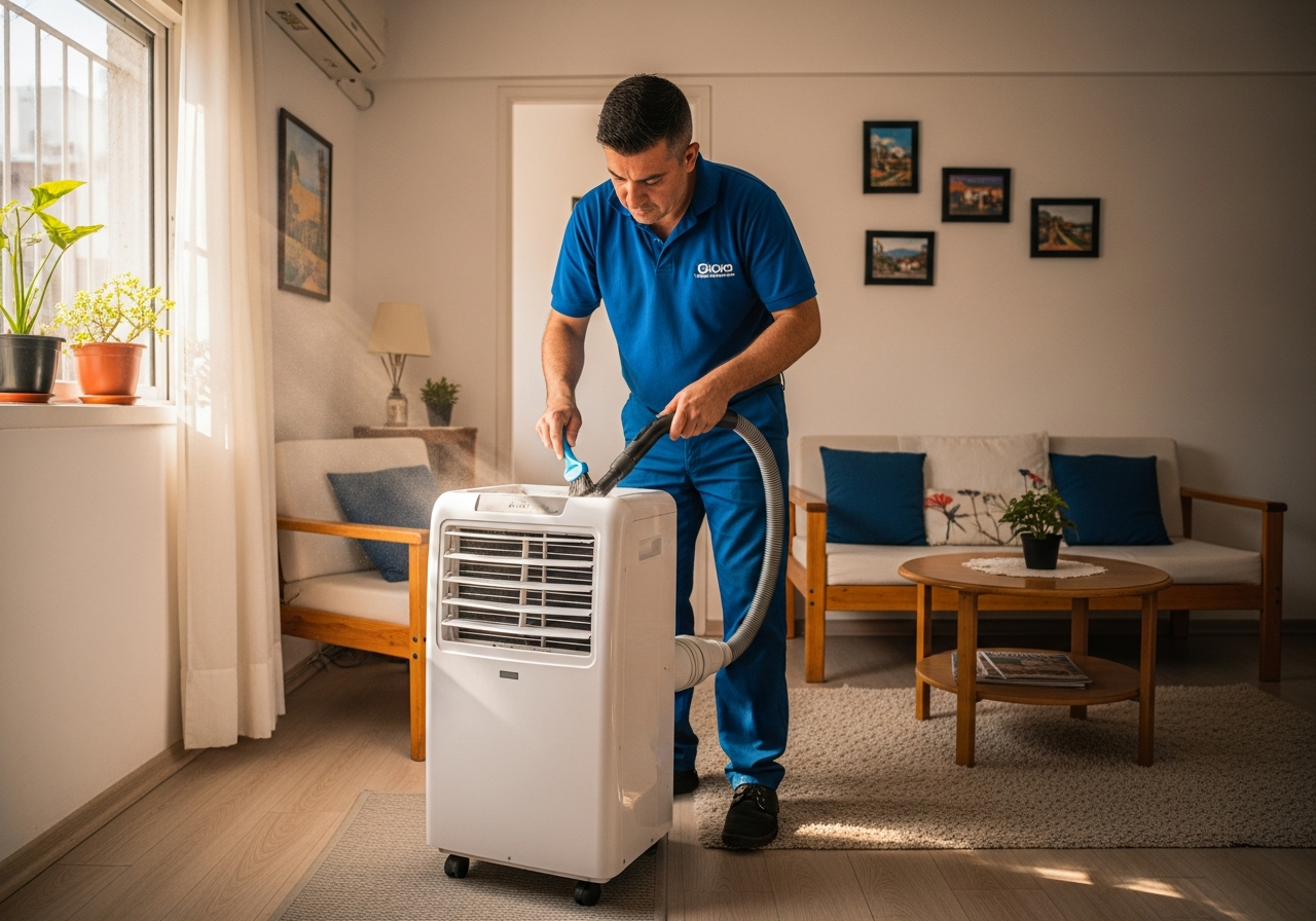 Técnico limpiando un aire acondicionado portátil en la sala de un departamento pequeño y acogedor del barrio Jardín, Córdoba