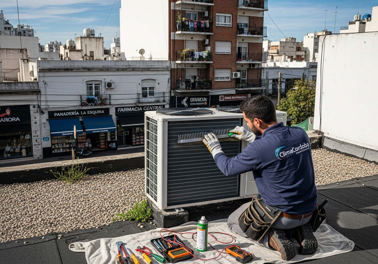 Técnico realizando mantenimiento de unidad condensadora en azotea entre edificios comerciales y residenciales de Junior, Córdoba