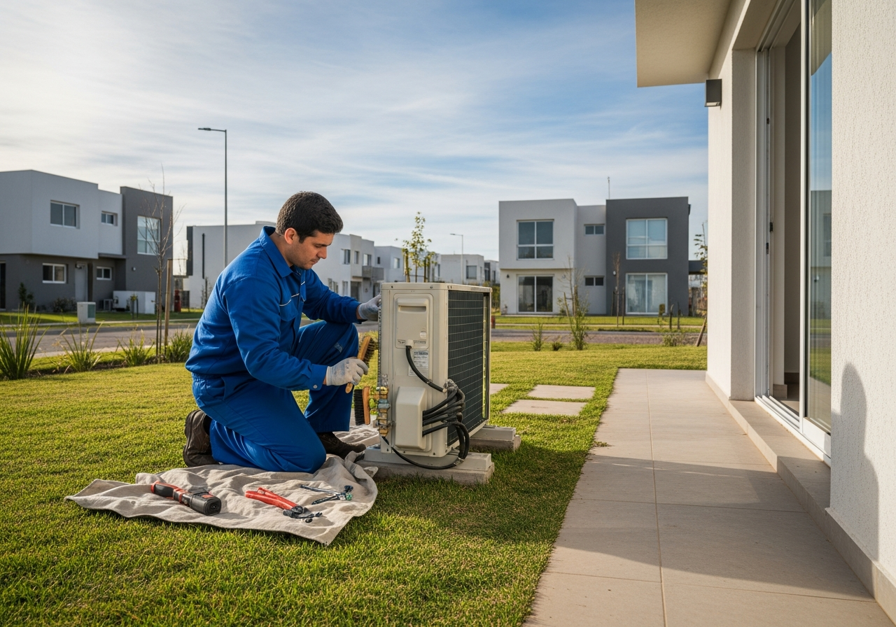 Técnico realizando primer mantenimiento de aire acondicionado en patio de Las Palmas, Córdoba