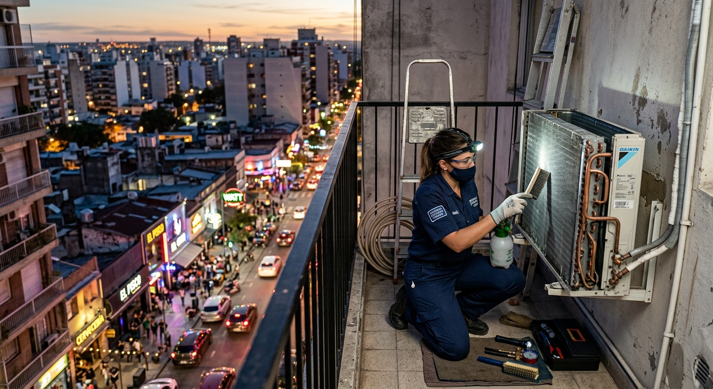 Técnico realizando mantenimiento de unidad externa de aire acondicionado en balcón de edificio en Nueva Córdoba