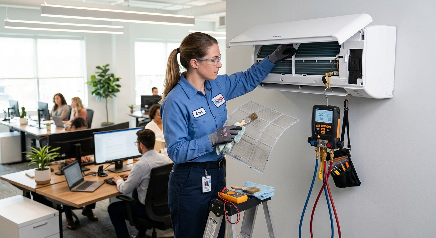 Técnico realizando mantenimiento preventivo en unidad interna de aire acondicionado split en oficina del Centro de Córdoba