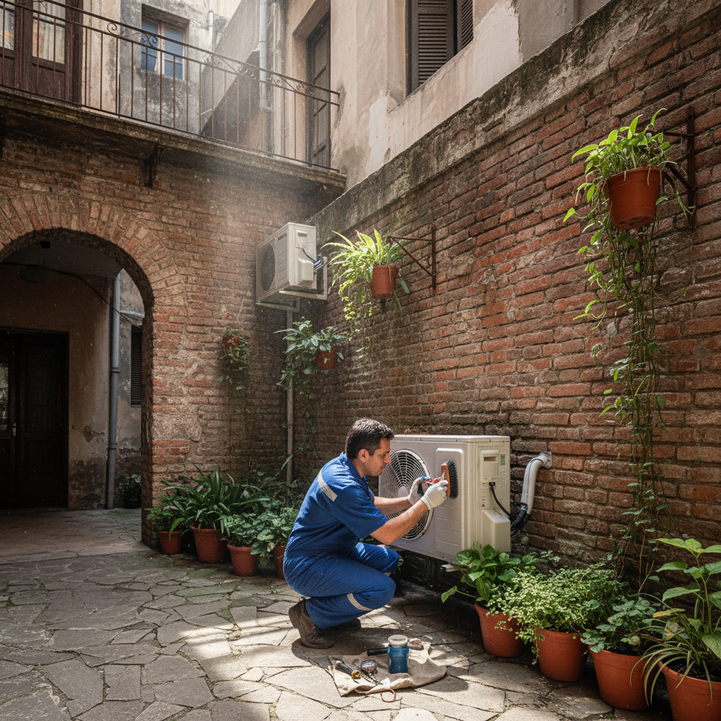 Técnico realizando mantenimiento de unidad externa de aire acondicionado en un patio interno entre edificios antiguos de Pueyrredón, Córdoba