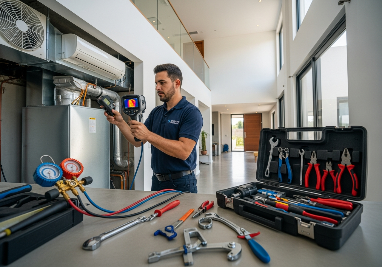Técnico inspeccionando ductos de aire central en casa espaciosa de Urca