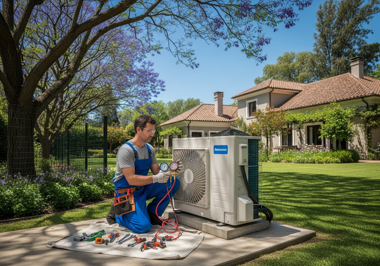 Técnico realizando mantenimiento de unidades externas de aire acondicionado en el patio amplio de una casa de Valle Escondido, Córdoba, con jardín y cerco de seguridad