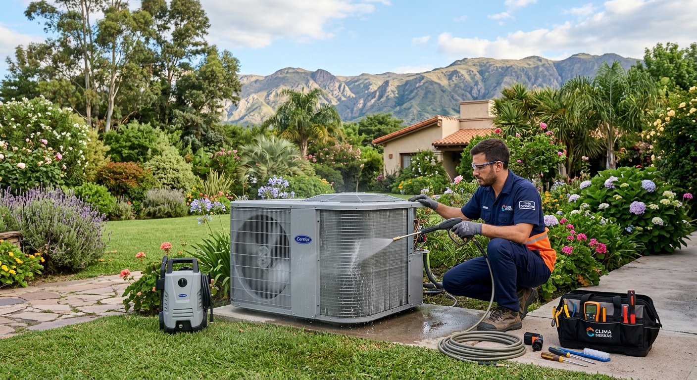 Técnico realizando mantenimiento de aire acondicionado en jardín de Villa Allende