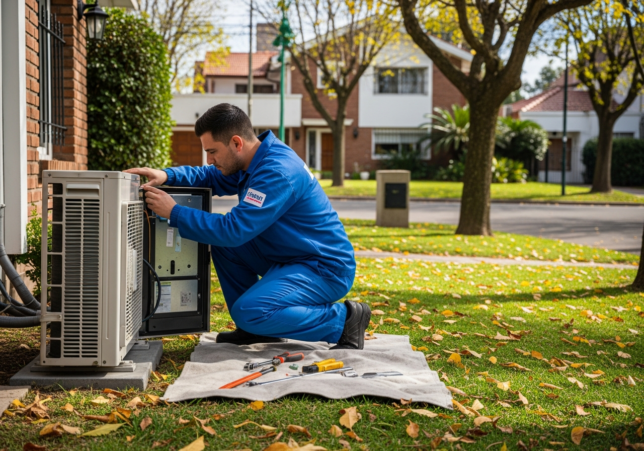Técnico realizando mantenimiento de la unidad externa de aire acondicionado en el patio frontal de una casa del barrio Villa Cabrera, Córdoba, con hojas caídas alrededor