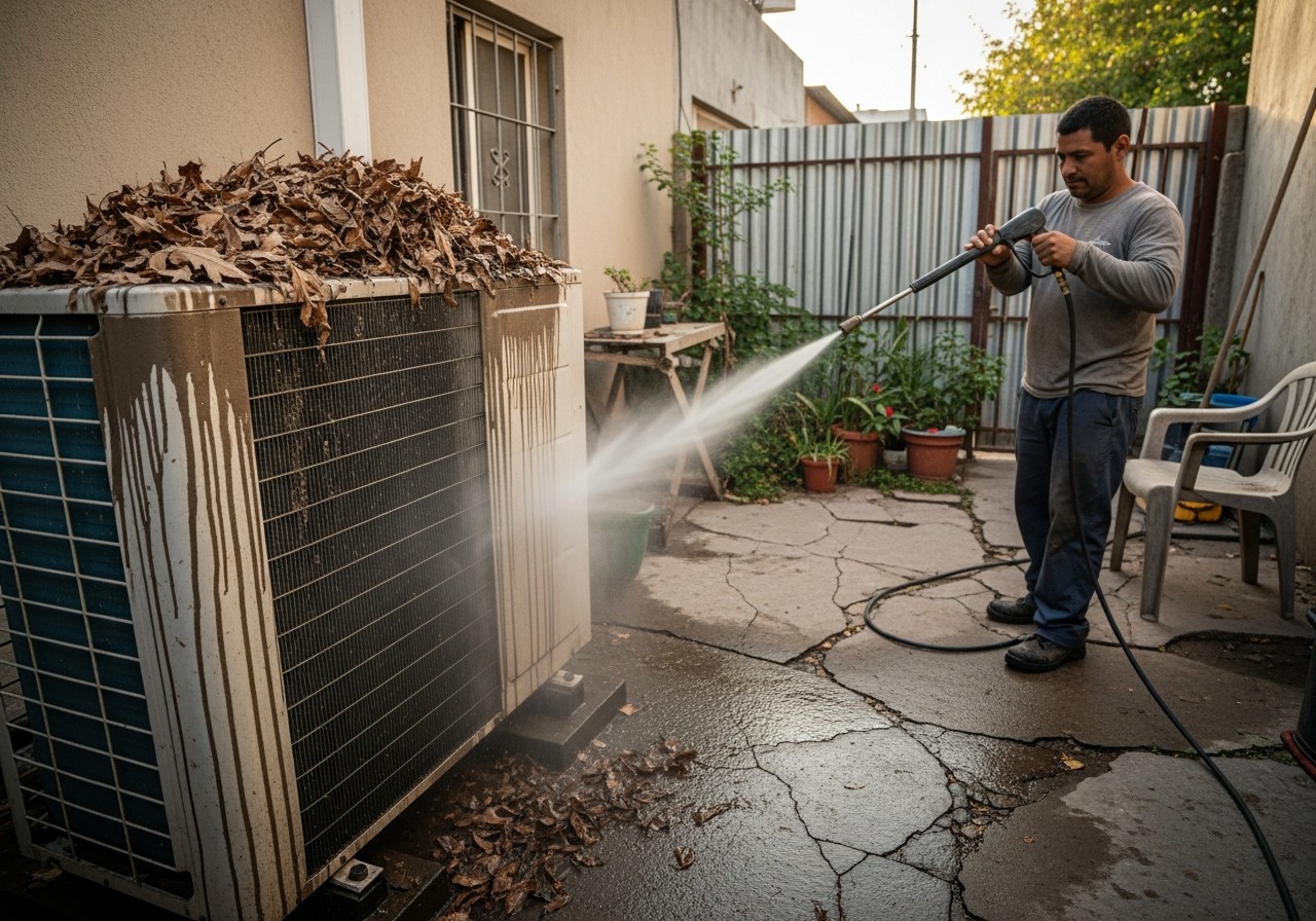 Técnico limpiando unidad externa de aire acondicionado llena de polvo en el patio de una casa de la Zona Sur de Córdoba