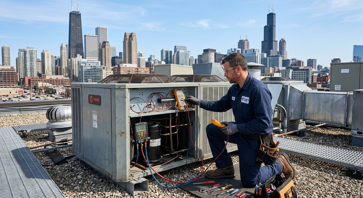 Técnico diagnosticando y reparando unidad condensadora de aire acondicionado en terraza de edificio del Centro de Córdoba