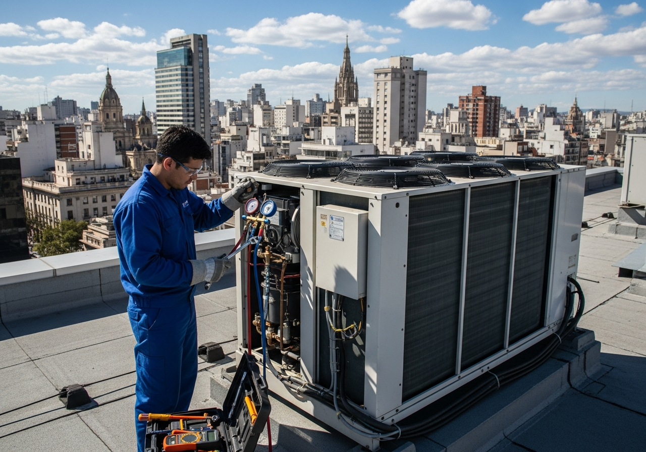 Técnico reparando un equipo central de aire acondicionado en la azotea de un edificio de oficinas en Alemán, Córdoba
