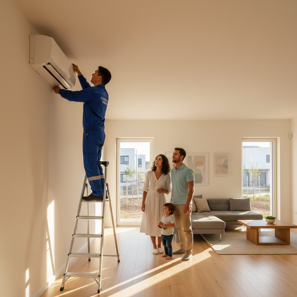 Técnico de aire acondicionado instalando un equipo split en una casa moderna de Alta Alberdi, Córdoba