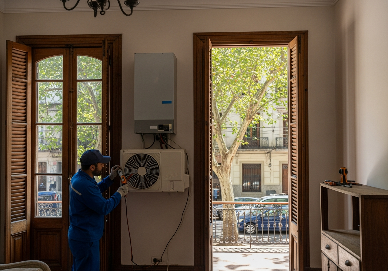 Técnico de aire acondicionado reparando un equipo split en una casa histórica de Alta Córdoba, Córdoba, con fachada antigua y árboles