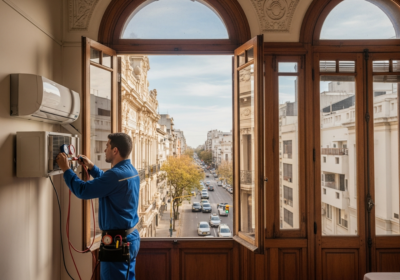 Técnico de aire acondicionado reparando un equipo split en un departamento histórico de Barrio General Paz, Córdoba, con vista a Av. General Paz