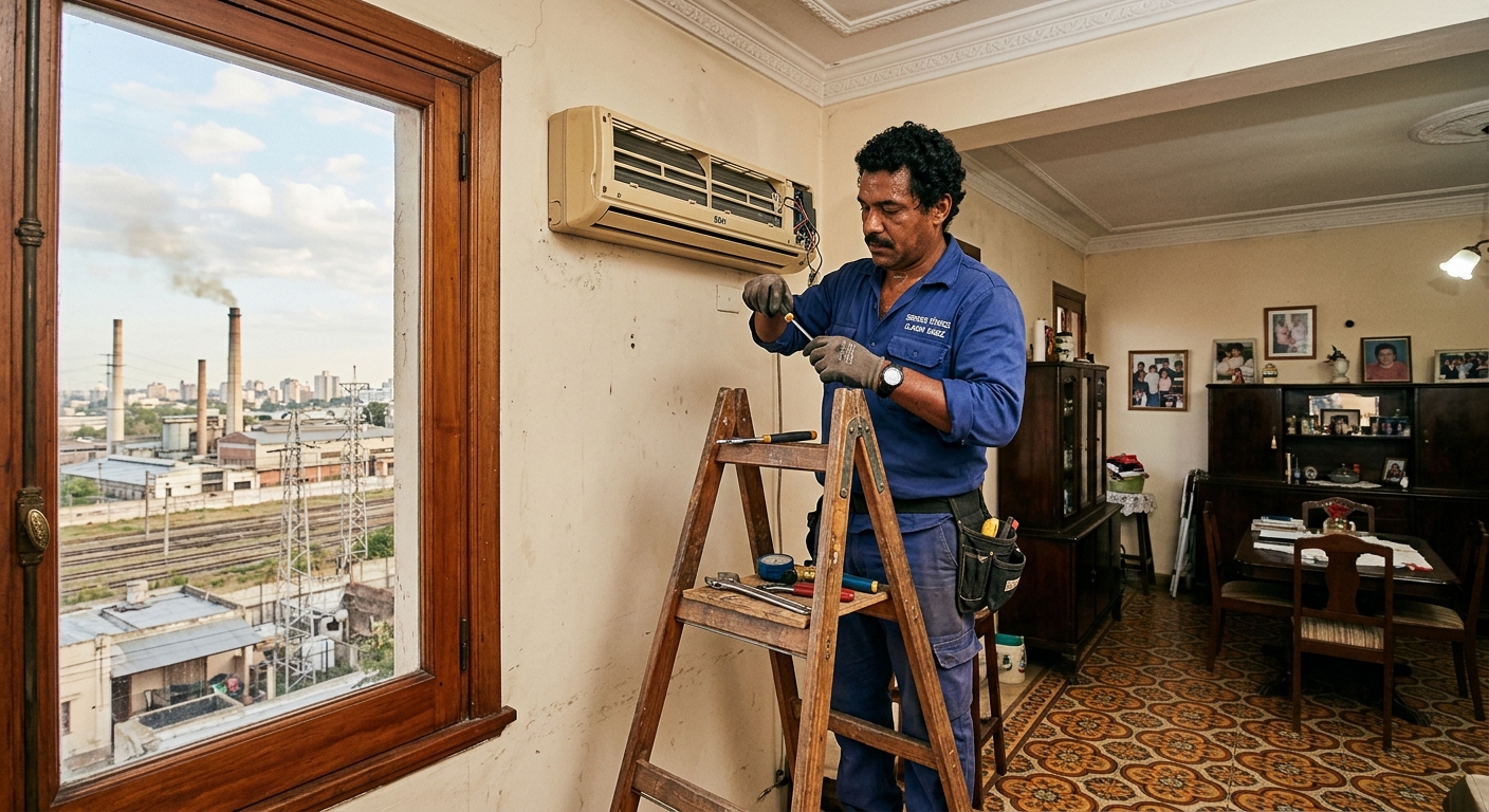 Técnico reparando aire acondicionado en casa tradicional de Barrio Yofre, Córdoba
