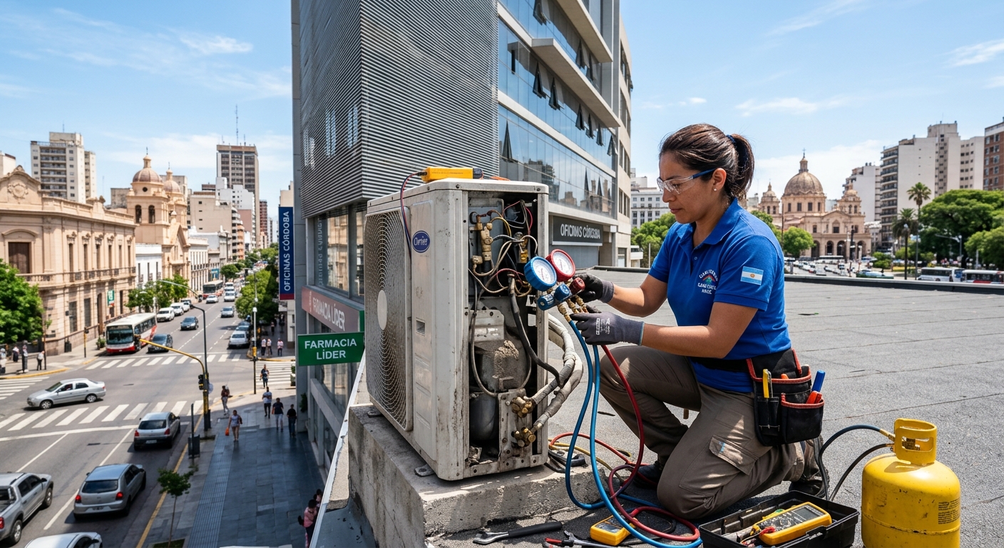 Técnico matriculado reparando unidad externa de aire acondicionado en edificio comercial del Centro de Córdoba