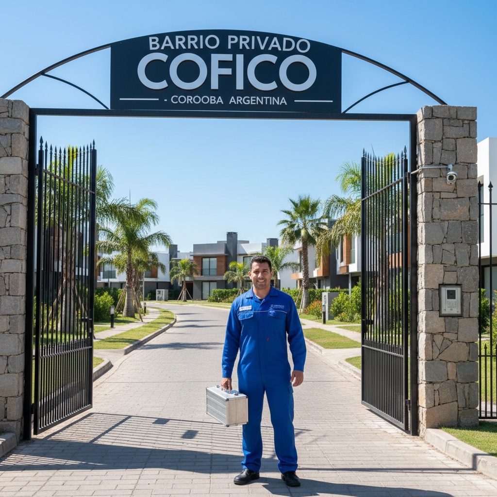 Técnico de aire acondicionado en la garita de seguridad del barrio cerrado COFICO, Córdoba