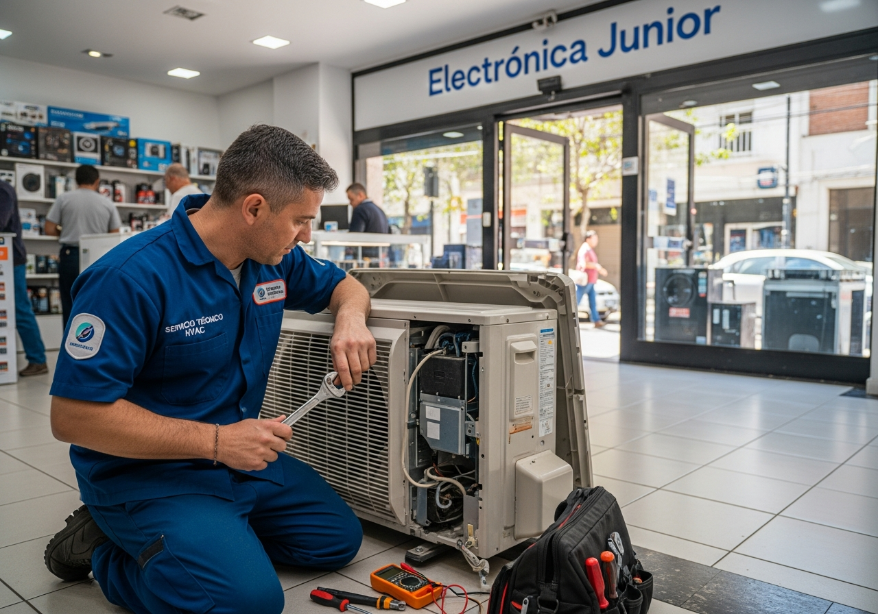 Técnico reparando aire acondicionado en local comercial de planta baja en el barrio Junior, Córdoba
