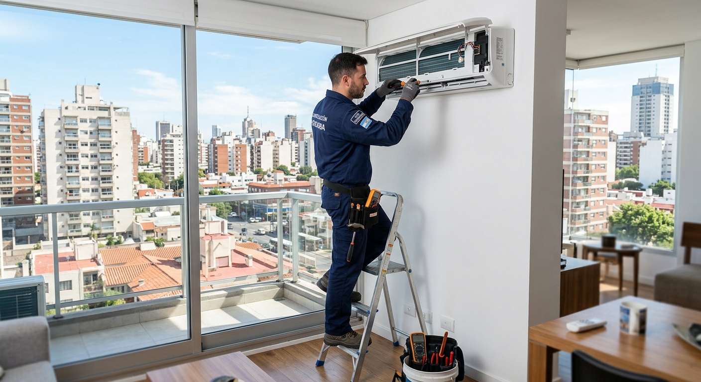 Técnico reparando aire acondicionado en departamento moderno de Nueva Córdoba, Córdoba