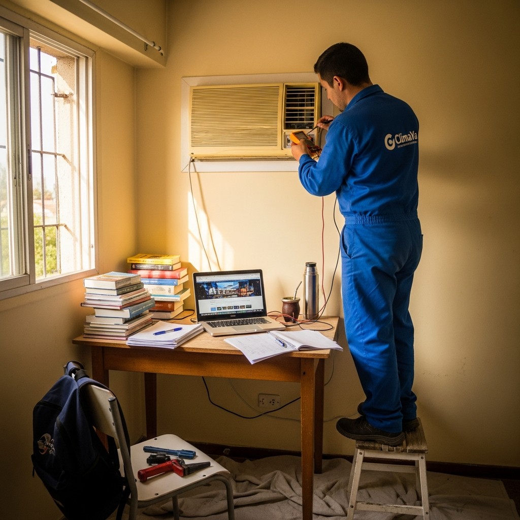 Técnico reparando aire acondicionado en departamento estudiantil de Observatorio, Córdoba
