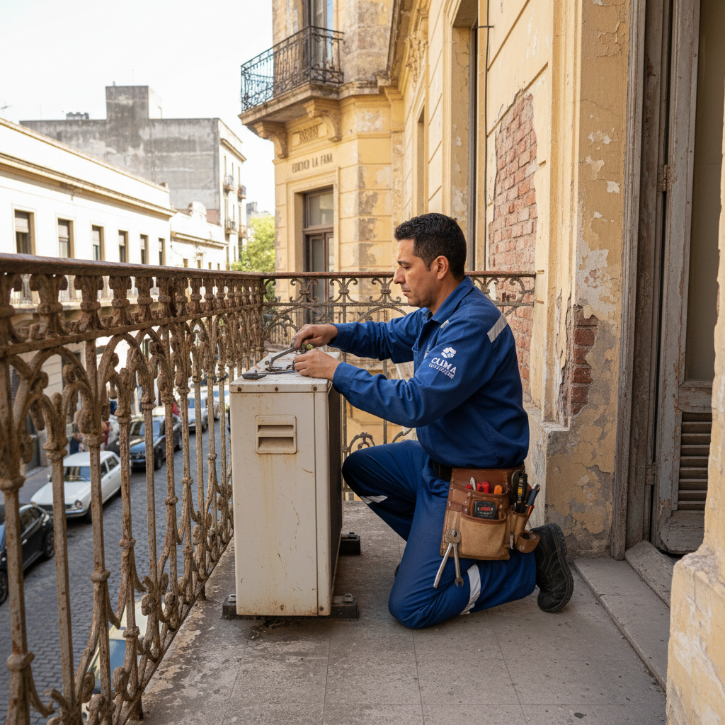Técnico de aire acondicionado reparando un equipo en el balcón angosto de un edificio antiguo de Pueyrredón, Córdoba