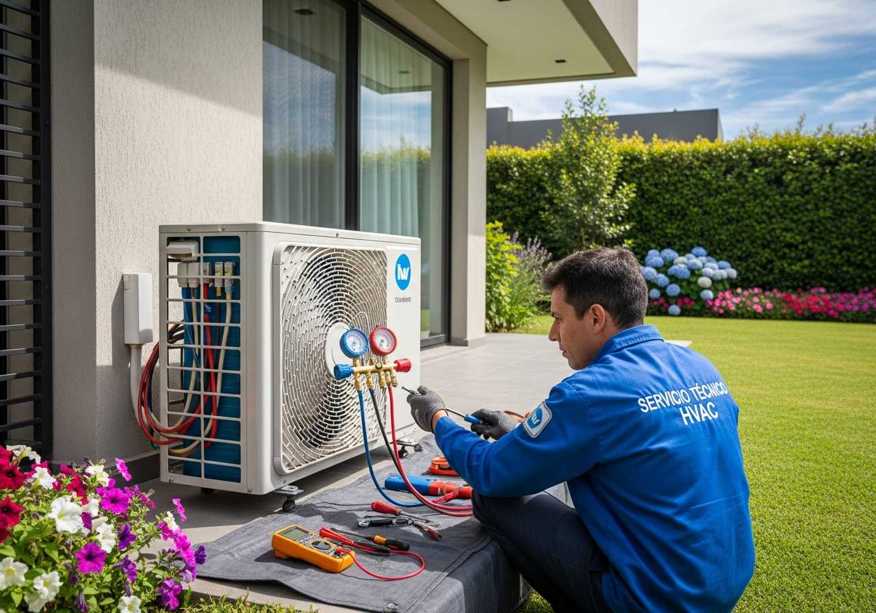 Técnico reparando unidad multi-split en casa grande de Urca, Córdoba