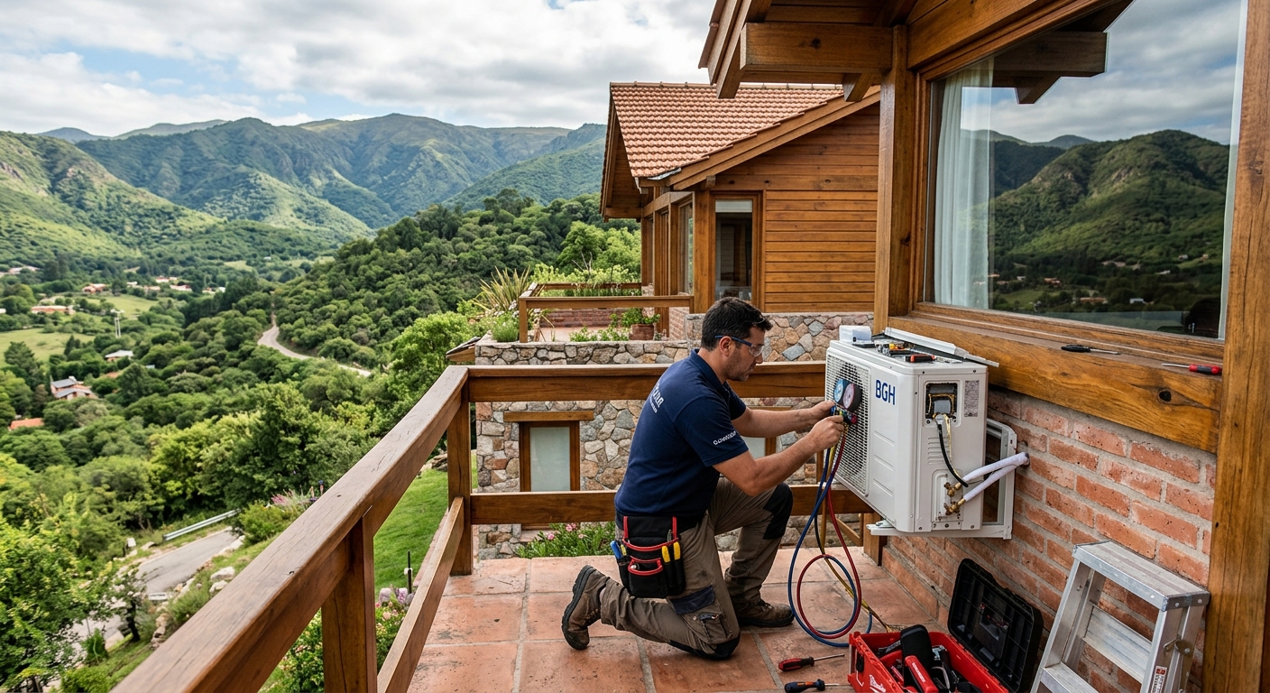 Técnico reparando aire acondicionado en casa de montaña de Villa Allende, Córdoba