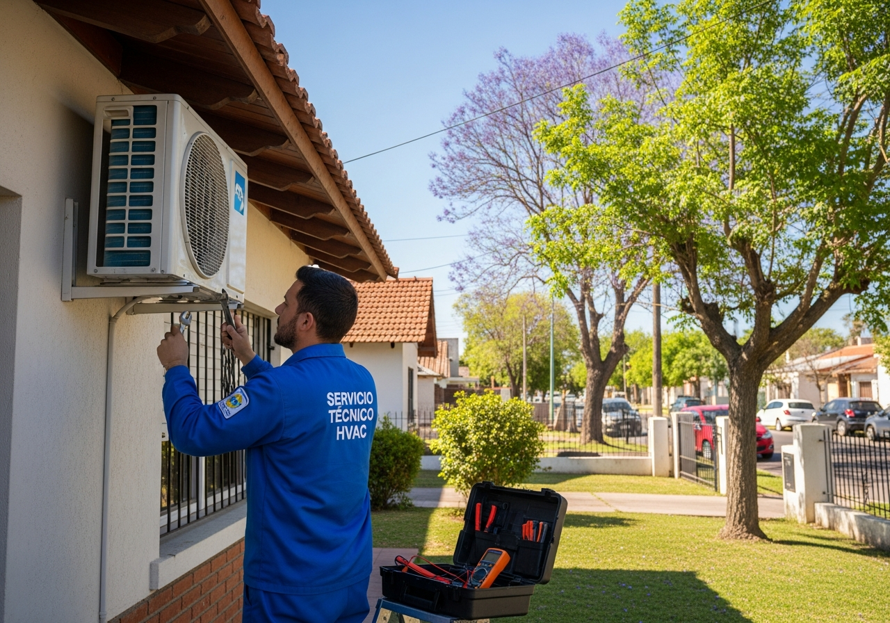 Técnico reparando un aire acondicionado split en el interior de una casa familiar del barrio Villa Cabrera, Córdoba, con patio frontal arbolado visible