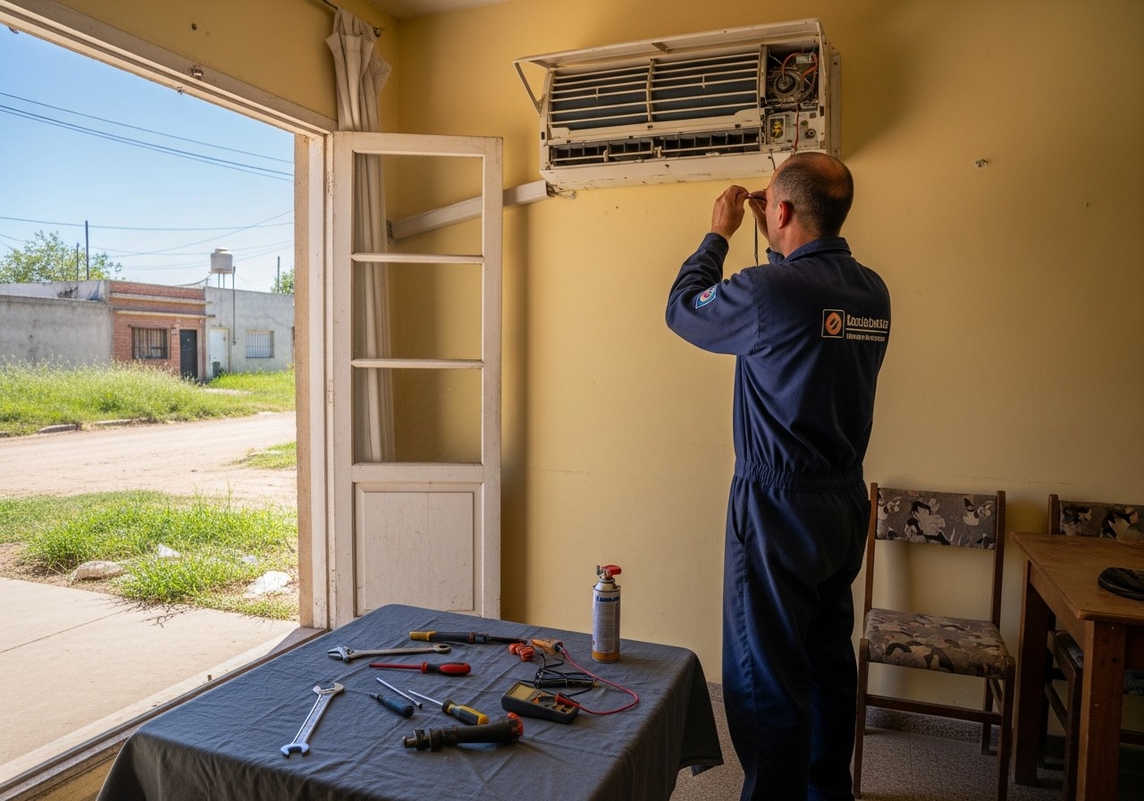 Técnico reparando aire acondicionado en una casa de la Zona Sur de Córdoba, con calle de tierra visible